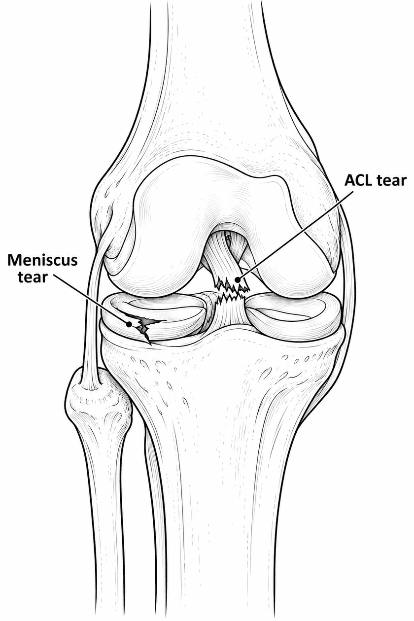 Diagram of a knee from the front, with the torn ACL and the torn meniscus labelled